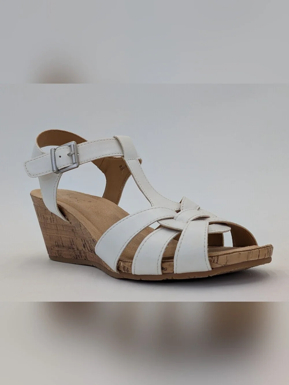 boc Jaquet Sz 8M T-Strap Cork Wedge Sandal Silver-Tone Buckle White Faux Leather